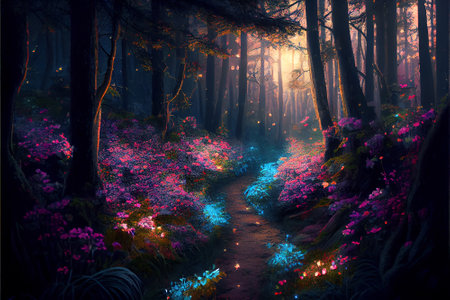 Fantasy forest at night, glowing flowers and lights, generative AI. Magic landscape with fairytale purple, plants, path and dark trees. Concept of mystery world, wonderland, fairy nature and 3d artの素材