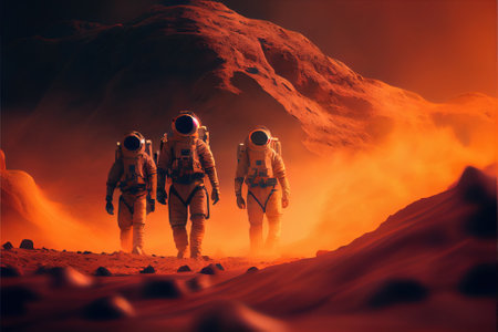 Astronauts on Mars, spacemen walk on red planet, generative AI. Landscape of deserted terrain, mountain and sandstorm. Concept of space mission, exploration, illustration and 3d art painting.の素材