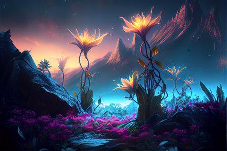 Fairy forest at night, fantasy mountains and glowing flowers, generative AI. Magic landscape of fairytale plants and mystery light. Concept of fantastic World, wonderland, nature. 3d illustration.の素材