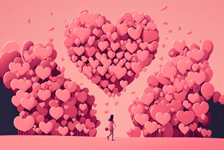 Valentine's Day theme, romantic girl in love, balloons and hearts, illustration. Happy young person on pink background. Concept of romance, gift, spring, february, postcard.の写真素材