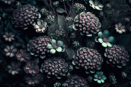 Floral dark background, top view of flowers pattern, vintage style, generative AI. Concept of pastel design, wallpaper, nature, texture. 3d art illustration.の素材