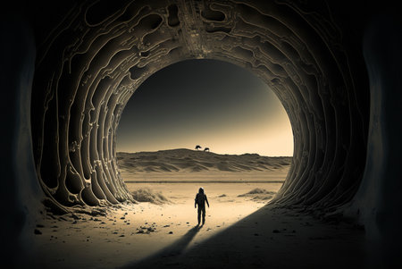 Astronaut on planet in deep space, spaceman looks at strange alien world, generative AI. Landscape of deserted terrain, futuristic view. Concept of sci-fi, technology, science. 3d illustration.の素材