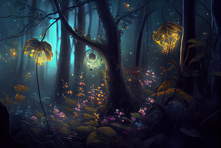 Fantasy forest at night, magic glowing flowers in fairytale wood, generative AI. Landscape of wood with fairy plants, trees and lights. Concept of wonderland, nature and mystery. 3d art illustrationの素材