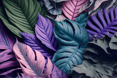 Various plant leaves background, floral tropical pattern for wallpaper, generative AI. Tree leaf from jungle on table close-up, flat lay. Concept of nature, texture, foliage, wild. Illustrationの素材