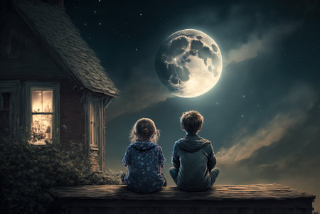 Kids sitting on roof at night, little boy and girl looks at moon in sky, generative AI. Two happy children dreaming and fantasizing under the stars. Concept of childhood, adventure, desire, wish.の素材