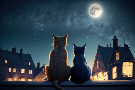 Cats sitting on roof at night, two pets looking at moon and stars in sky, generative AI. Concept of city animals, spring, romance, love, dreams, desire, wish.の素材