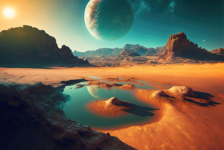 Landscape of alien world in deep space, extraterrestrial planet surface, generative AI. Deserted terrain with rocks, water and red sands, futuristic view. Concept of fantasy, nature, moon, wallpaperの素材
