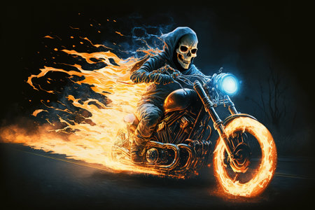 Fire skeleton rider on motorcycle, scary ghost biker riding at night, generative AI. Spooky burning reaper and bike on road. Concept of skull, speed, fantasy, hell, flame and Halloween.の素材