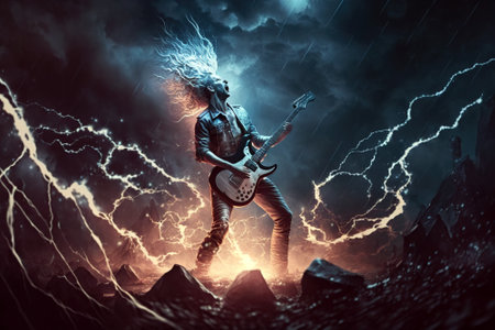 Rock musician plays music in rain, rocker guitarist performs at concert, generative AI. Player stands with guitar in lightning, fire and smoke. Concept of hard, heavy, metal, show and passion.の素材