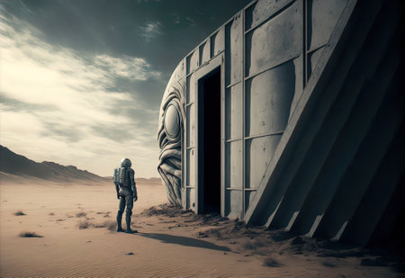 Astronaut on planet in deep space, lonely spaceman looks at alien building, generative AI. Landscape of deserted terrain with strange monument, futuristic view. Concept of sci-fi, technology, scienceの素材