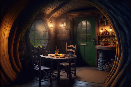 Hobbit house interior at night, lamps and furniture inside of fantasy hut, generative AI. Small vintage room with wooden table in dark fabulous dwelling. Theme of fairytale home and fairy worldの素材