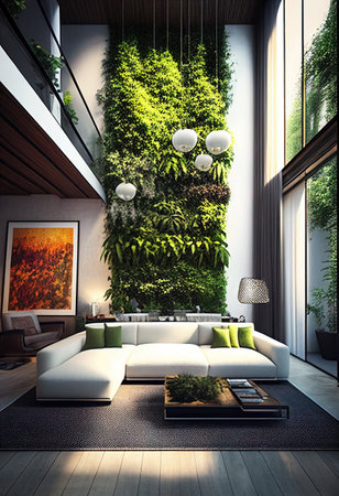 Vertical garden in modern living room, plants in luxury interior, generative AI. Concept of duplex apartment landscaping, eco home design, nature, decor, contemporary house.の素材