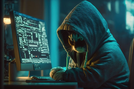 Hacker works in dark room, hooded cat uses computer, illustration, generative AI. Concept of spy, ransomware, cyber technology, hack, vulnerability, humor, scam, fraud and virus.の素材