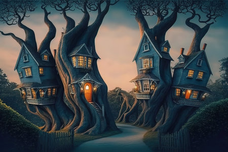 Fantasy surreal houses, fairytale vintage huts in trees trunks, illustration, generative AI. Fairy tale strange village in the evening. Theme of nature, mystery World, magic landscape, fabulous dwellingの素材