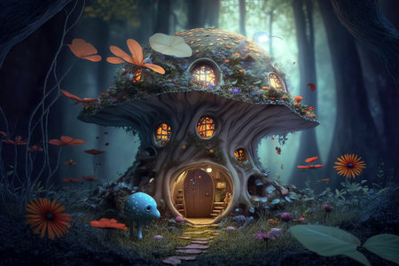 Fantasy house in forest, fairytale hut in mushroom and flowers, illustration, generative AI. Fairytale home with lighting in dark magic wood. Theme of nature, mystery World, fabulous dwellingの素材