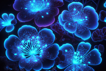 Fantasy luminous flowers, beautiful blue floral background, top view, generative AI. Fairytale bloom with magic glowing. Concept of wallpaper, nature, fairy world, pattern. 3d art illustration.の素材