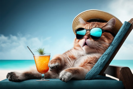 Funny cat wearing sunglasses on sea beach, pet with cocktail on vacation, generative AI. Happy cool animal lies on chaise lounge in summer. Concept of relax, travel, humor, holiday, weekend.の素材