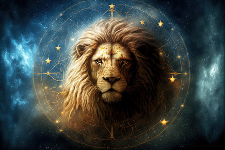 Zodiac sign of Leo, head of lion with magic light in star wheel, generative AI. Leo on blue sky background. Concept of astrology, horoscope, universe, fantasy and future. 3d illustrationの素材