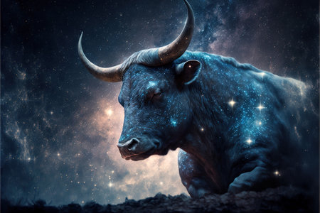 Zodiac sign of Taurus, bull with magic light in space, generative AI. Taurus on blue star sky background. Concept of astrology, horoscope, universe, fantasy and future. 3d illustrationの素材