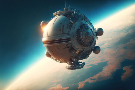 Space satellite on orbit of Earth or alien planet, futuristic spacecraft close-up, generative AI. Concept of spaceship, technology, global communication, gps and science. 3d illustration.の素材