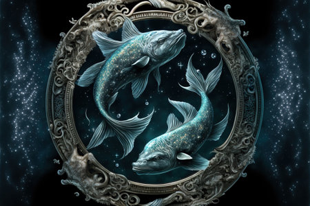 Zodiac sign of Pisces, fantasy fish in astrological wheel, generative AI. Pisces in water on dark blue background. Concept of horoscope, universe, mystery, space and future. 3d art illustrationの素材