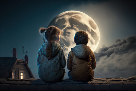 Kids sitting on roof at night, little boy and girl looks at moon in sky, generative AI. Two happy children dreaming and fantasizing. Concept of childhood, adventure, travel, desire, wish.の素材