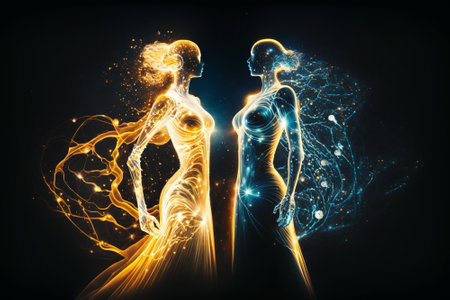 Female couple in love, magic cosmic view of two women at night, illustration, generative AI. Romantic people as Gemini Zodiac. Concept of astrology, space, fantasy, soulmate, light, silhouette.の素材