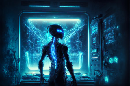 Humanoid robot works with futuristic control panel, tech system room, generative AI. Cyborg or android uses cyberspace technology. Concept of artificial intelligence, computer, innovation, futureの素材