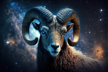 Zodiac sign of Aries, ram with magic light and stars in space, generative AI. Aries on dark sky background. Concept of horoscope, astrology, universe, sheep, forecast and future. 3d art illustrationの素材