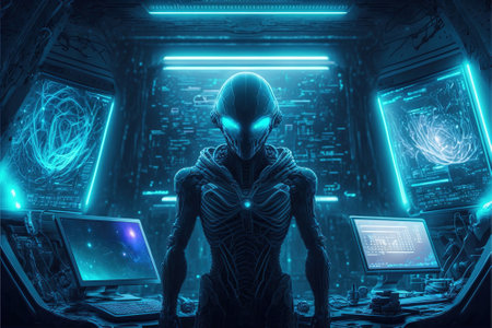 Humanoid alien stands by futuristic control panel, spaceship command post, generative AI. Extraterrestrial astronaut or cyborg uses cyber space technology. Concept of ski-fi, robot, interstellarの素材