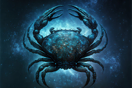 Zodiac sign of Cancer, crab with magic light and stars in space, generative AI. Cancer on dark sky background. Concept of horoscope, astrology, universe, future and 3d art painting, illustrationの素材