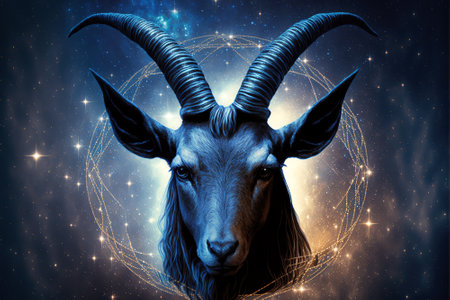 Zodiac sign of Capricorn, head of goat with magic light in space, generative AI. Capricorn on blue star sky background. Concept of astrology, horoscope, universe, fantasy and future. 3d illustrationの素材
