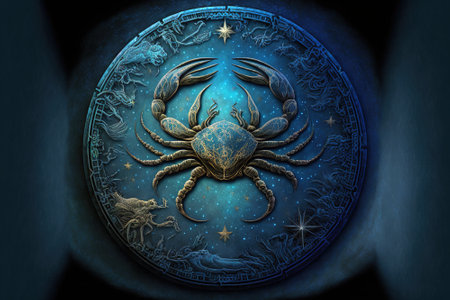 Zodiac sign of Cancer, fantasy crab in wheel with magic starry sky, generative AI. Cancer on dark space background. Concept of horoscope, astrology, universe, future and 3d art illustrationの素材