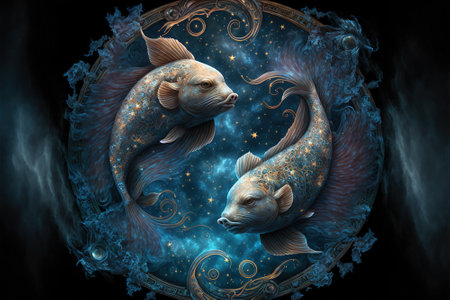 Zodiac sign of Pisces, fantasy fish with magic light in space, generative AI. Pisces in star wheel on sky background. Concept of astrology, horoscope, universe, fortune and future. 3d illustrationの素材