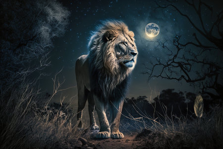 Lion in jungle at night, portrait of wild African animal in savanna, generative AI. Cat predator in full moon on dark sky background. Concept of wildlife, nature, national park, safari.の素材