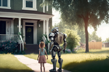 Robot and child going to house, android walks with kid, generative AI. Futuristic scene with little kid and AI near home in summer. Concept of the future, human, technology, lifestyle. 3d illustrationの素材
