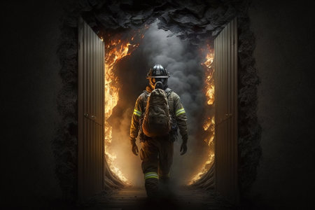 Firefighter in burning building, firemen on fire and smoke background, generative AI. Rear view of brave rescue man wearing uniform in place of accident. Concept of disaster, emergency, heroの素材