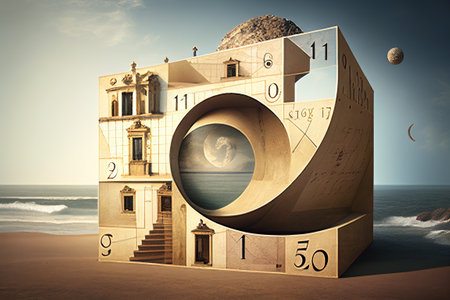 Golden Ratio and spiral structure on sea beach, surreal abstract building, generative AI. Math proportions in nature, fantasy scene. Concept of architecture, fibonacci, geometry, pattern, sequence.の素材