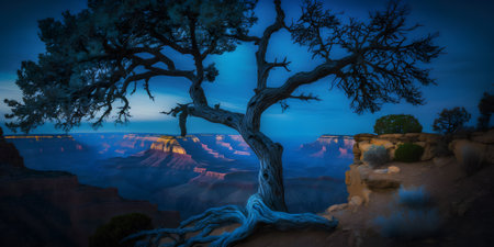 Grand Canyon at night, tree at rocky mountains in Arizona, USA, generative AI. Landscape of national park in summer. Theme of desert, rock, travel, nature, adventure, forest, eveningの素材
