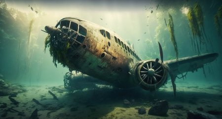 Airplane under water, wreck of old aircraft underwater, generative AI. Vintage derelict military plane lies on seabed. Concept of history, Second World War, archeology, background.の素材