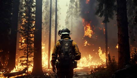 Firefighter works on fire, fireman looks at burning forest, generative AI. Rescue man wearing uniform in scene of accident. Concept of disaster, wildfire, emergency, equipment, gear, nature.の素材