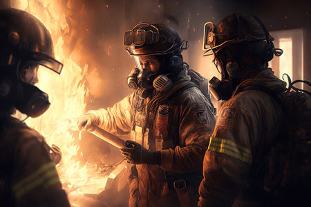 Firefighters work on fire, firemen walk in building on flame background, generative AI. Rescue men wearing uniform in scene of accident. Concept of disaster, emergency, equipment, gear.の素材