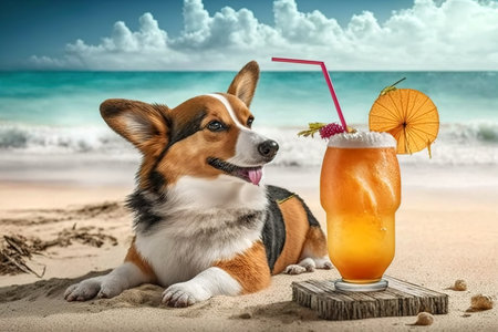 Funny corgi dog on sea beach, pet relaxes with cocktail on vacation, generative AI. Happy animal lying on sand in summer. Concept of travel, humor, holiday, weekend, illustration, nature.の素材