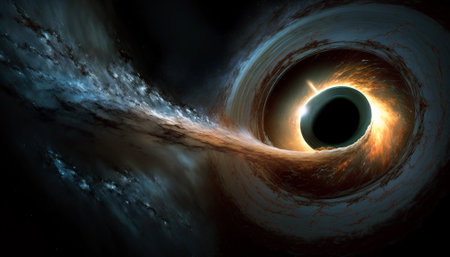 Black hole in universe, wormhole and galaxy in outer space, generative AI. Big black hole attracts gas clouds and star dust in deep cosmos. Concept of space, science, wallpaper, supernova, swirl.の素材