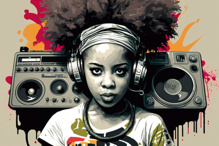 Black girl listens hip hop music, portrait of fictional teenager, illustration, generative AI. Female person in modern urban outfit with headphones and boom box. Theme of rap, rnb, youth, paintの素材