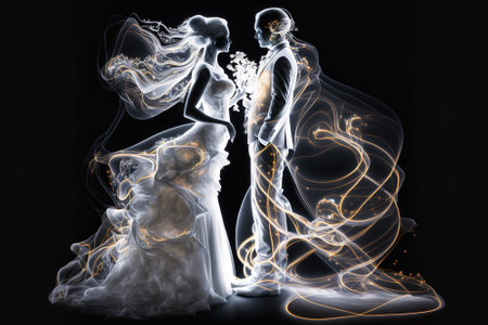 Bride and groom wedding couple in silhouette with glowing lines, illustration, generative AI. Light art pattern of romantic people. Concept of love, fantasy, soulmate, white bridal dress, creative.の素材