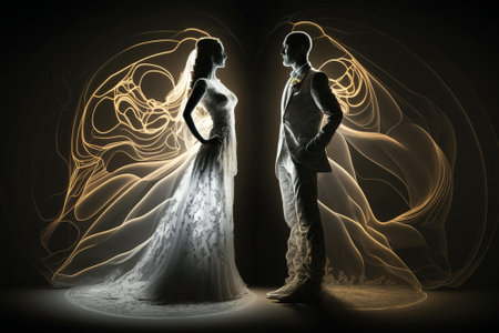 Bride and groom wedding couple in silhouette with glowing lines, illustration, generative AI. Light art pattern of romantic people. Concept of love, fantasy, soulmate, white bridal dress, creative.の素材
