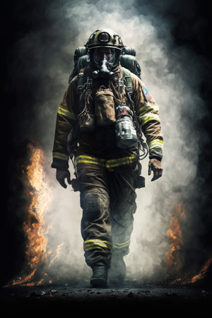 Firefighter works on fire, fireman walks inside burning building, illustration, generative AI. Rescue man wearing uniform at scene of accident. Concept of hero, usa, emergency, department, disasterの素材
