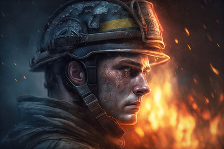 Firefighter works on fire, fireman portrait on flame background, illustration, generative AI. Rescue man wearing uniform at scene of accident. Concept of hero, usa, emergency, department, disasterの素材
