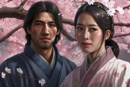 Asian couple and cherry blossoms, man and woman in love near sakura, generative AI. Portrait of romantic people in spring. Concept of Japan, romance, wedding, flowers, park, garden, nature.の素材